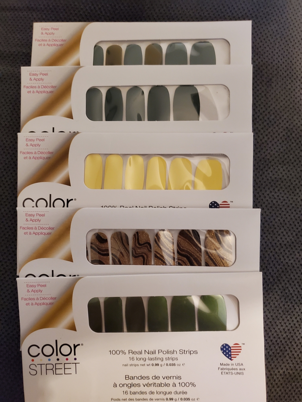 Color Street Nail Strips - Yellow, Olive Green, Brown Marble, Gray-Green